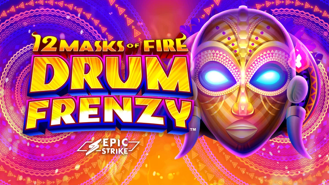 The promotional header for 12 Masks of Fire™ Drum Frenzy™, an online slot game on Betty.