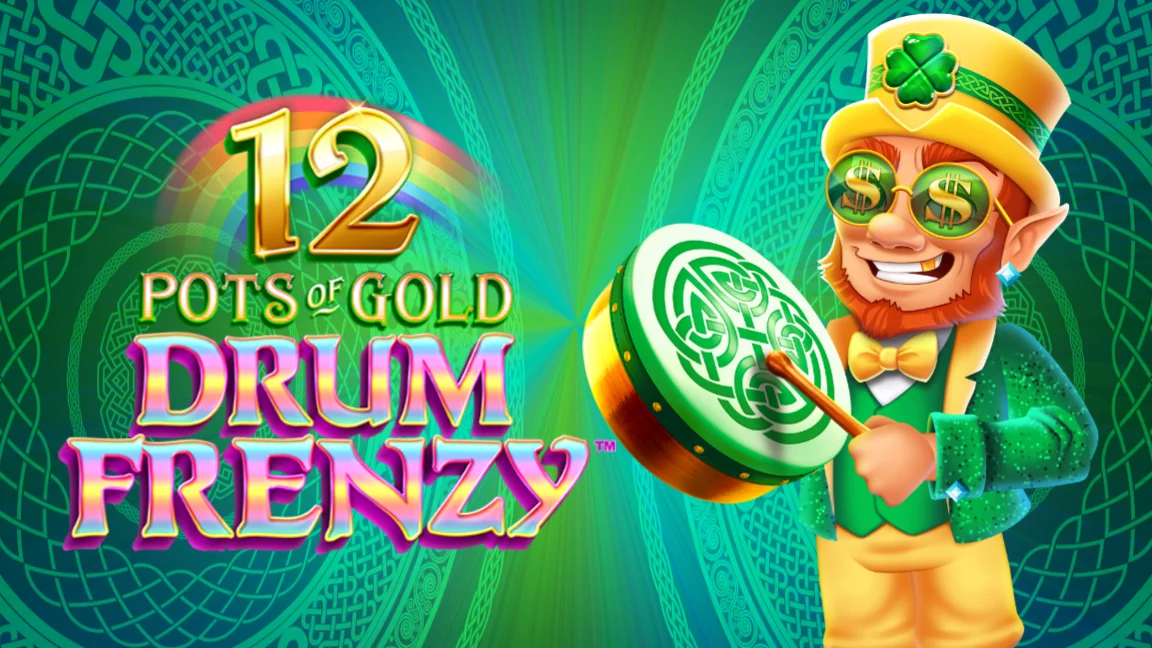The promotional header for 12 Pots of Gold: Drum Frenzy™, an online slot game on Betty.