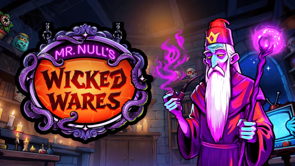 The promotional header for Mr Null’s Wicked Wares, an online slot game on Betty.